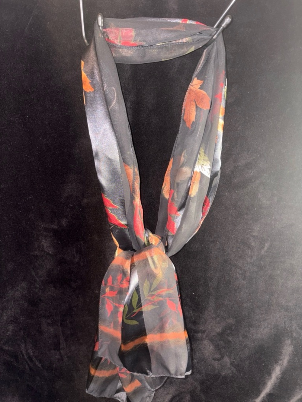 Autumn Leaf Striped Sheer Oblong Scarf One Size Black Orange Fall Chic EUC Bohi
